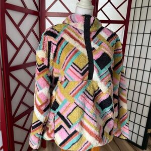 Hurley Multicolor Fuzzy Geometric Pullover - Pink, Yellow, Black, Teal